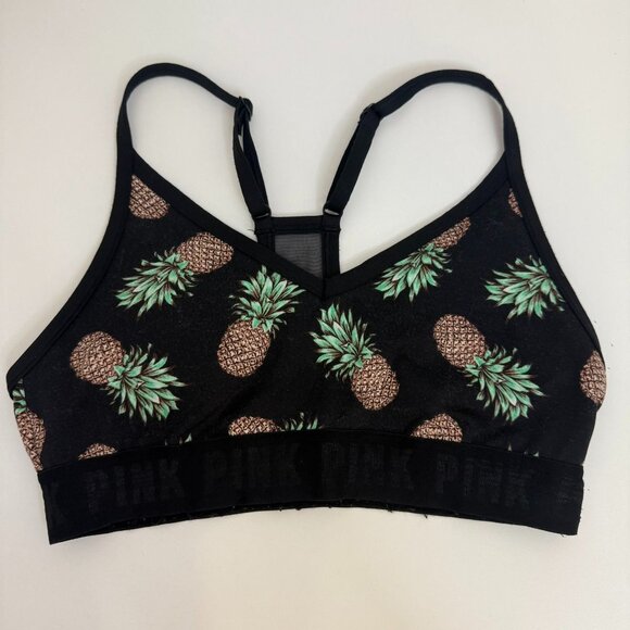 PINK Victorias Secret Pineapple Sports Bra Small Black Lightly Lined Racerback S - Picture 1 of 5